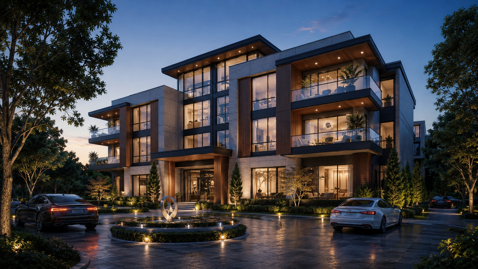 Premium residential arrival court with evening lighting