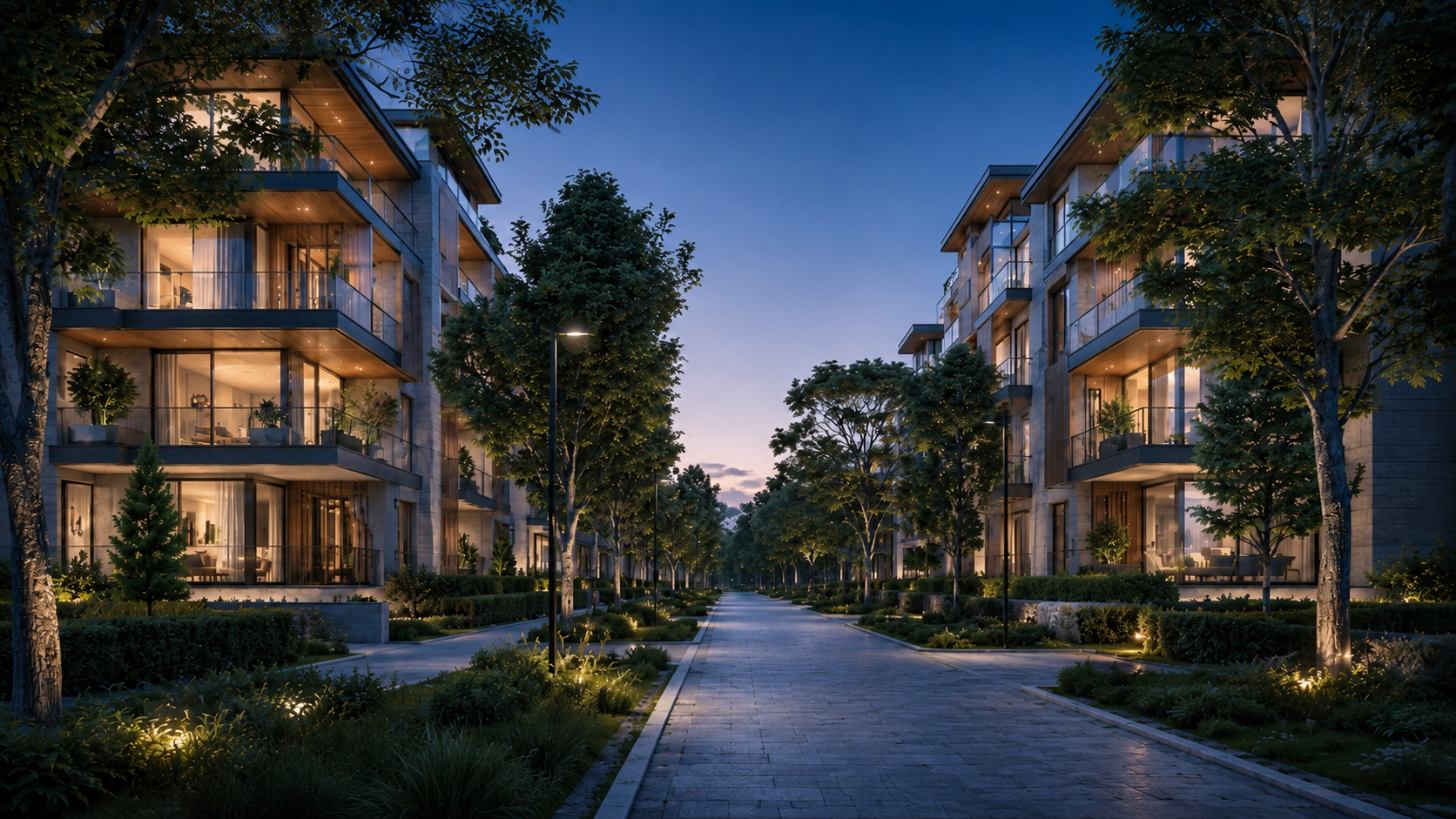 Cinematic residential walkway framed by trees and warm apartment lights